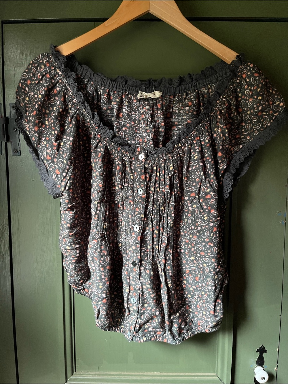 Lucky Brand Black Floral Off-Shoulder Blouse with Pink Accents